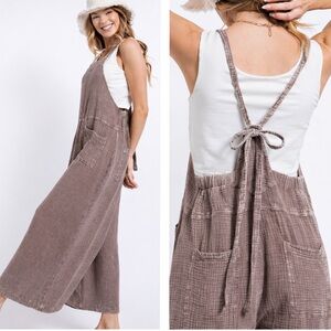 Easel Cotton Boho Wide Leg Overalls Tan Mushrom Washed Gauze Adjustable Tie Back